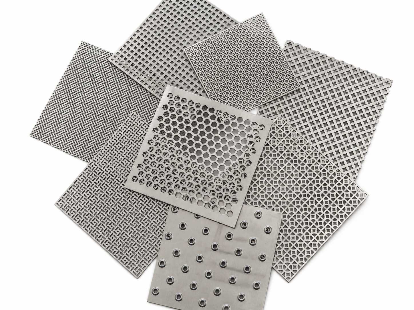 Custom titanium perforated sheet samples in multiple hole patterns