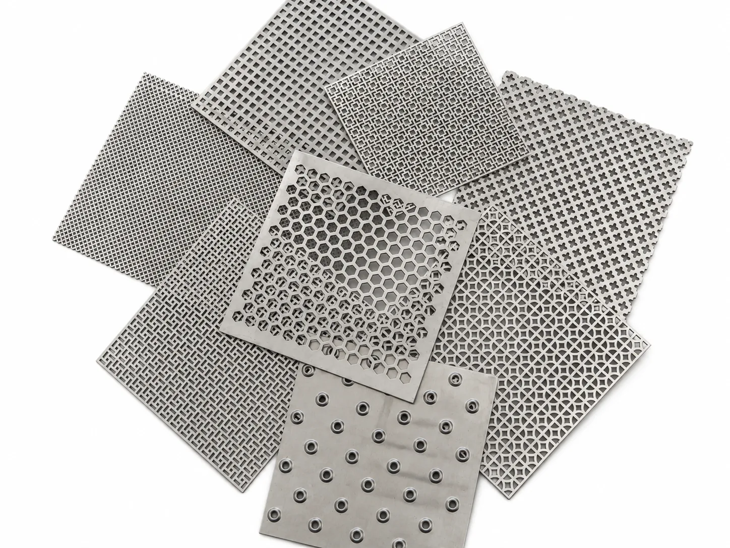 Custom titanium perforated sheet samples in multiple hole patterns