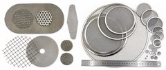 Circular filter screens and woven mesh samples displayed beside a ruler and perforated sheet sample