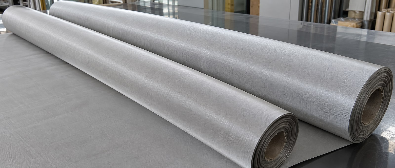 Two stainless steel filter mesh rolls on a metal worktable with fine woven wire texture