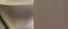 Stainless steel twill weave mesh roll beside a close-up of its diagonal weave texture