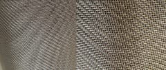 Two close-up views of stainless steel woven mesh with staggered intersections and visible openings