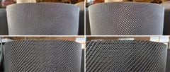 Four views of stainless steel woven wire mesh rolls showing diagonal patterns and different mesh textures