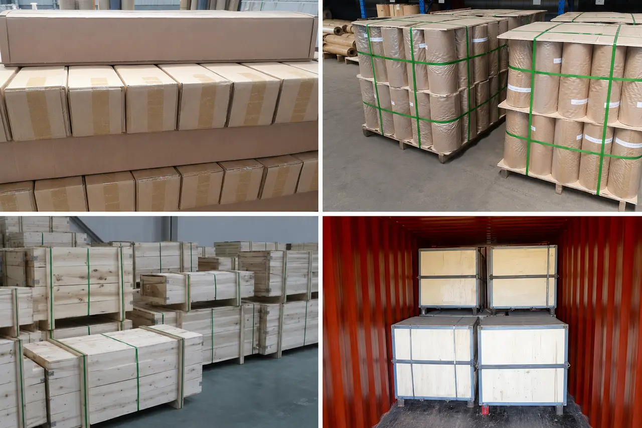 Export packaging for stainless steel welded wire mesh rolls and wooden crates ready for shipment