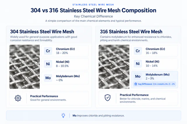 Visual comparison of 304 and 316 wire mesh composition: chromium, nickel and molybdenum; 316 contains 2–3% molybdenum for improved chloride and pitting resistance.
