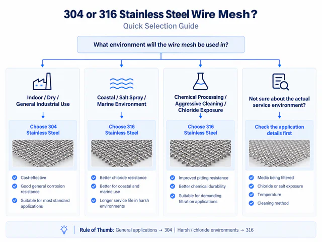 Four-way selection guide: choose 304 for dry general use, consider 316 for coastal or chemical exposure, and review operating details when the environment is uncertain.