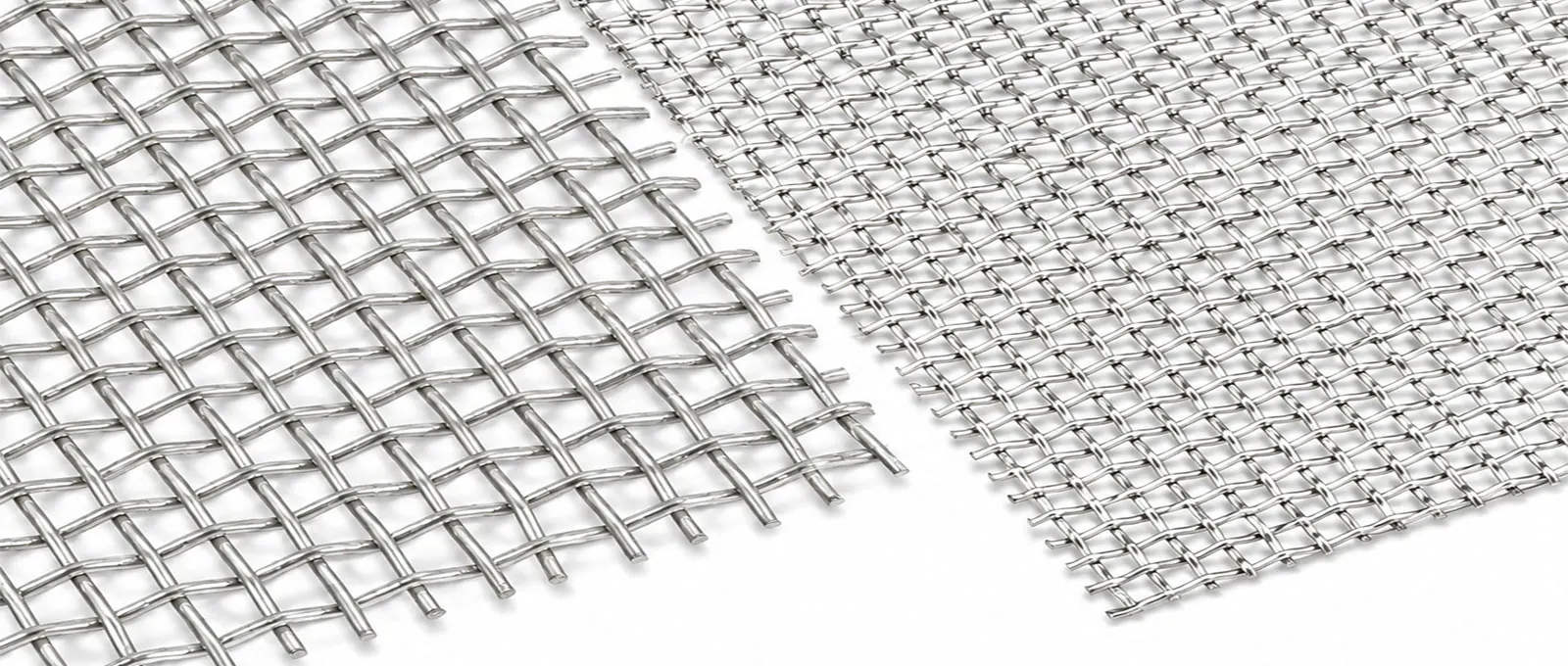 Woven stainless steel wire mesh samples with visible square openings